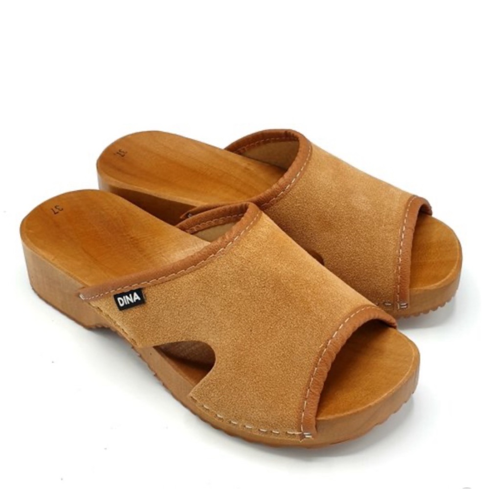 DINA DANISH SANDALS WITH WOODEN SOLE, BEIGE SUEDE LEATHER SIZE 38